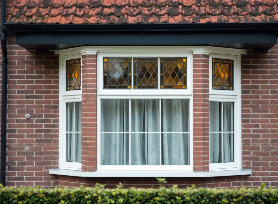 Een gemetselde erker van een jaren-30-woning met witte houten kozijnen en een rij bovenlichten van glas-in-lood in amber en groen