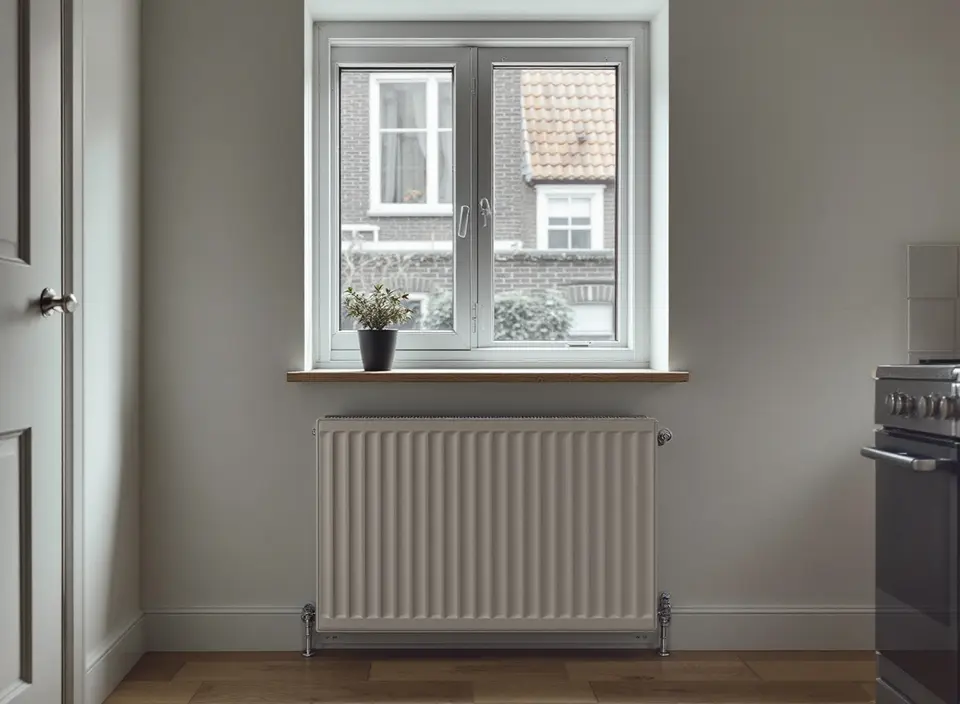 Een brede witte paneelradiator onder een raam met wit houten kozijn en dubbel glas, met een plant op de vensterbank