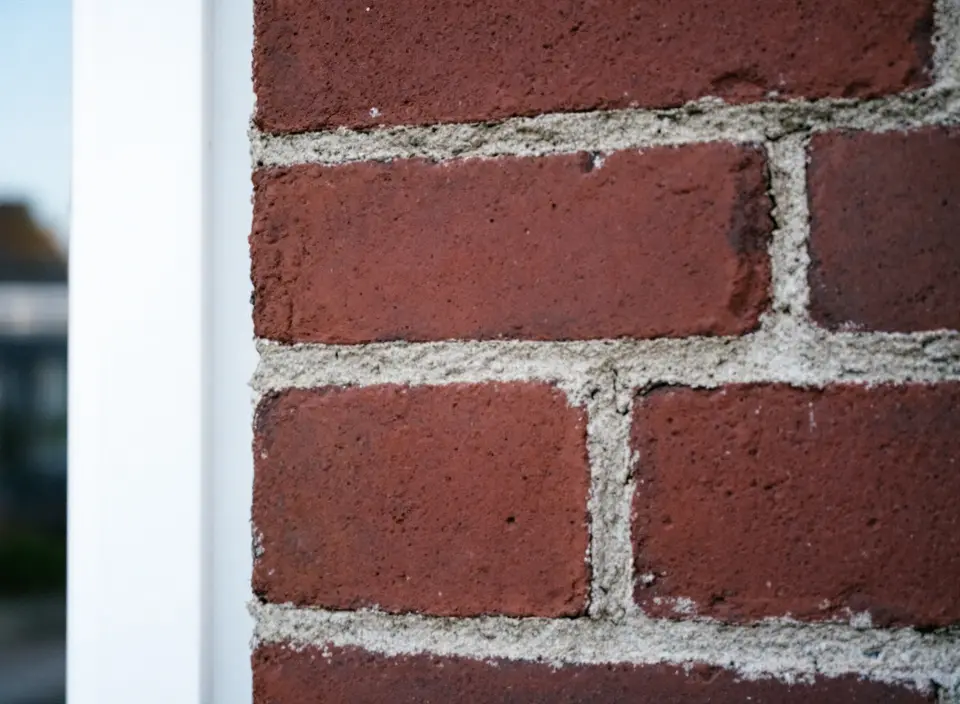 Close-up van rode bakstenen in metselverband met lichte voegen, naast de rand van een wit houten kozijn