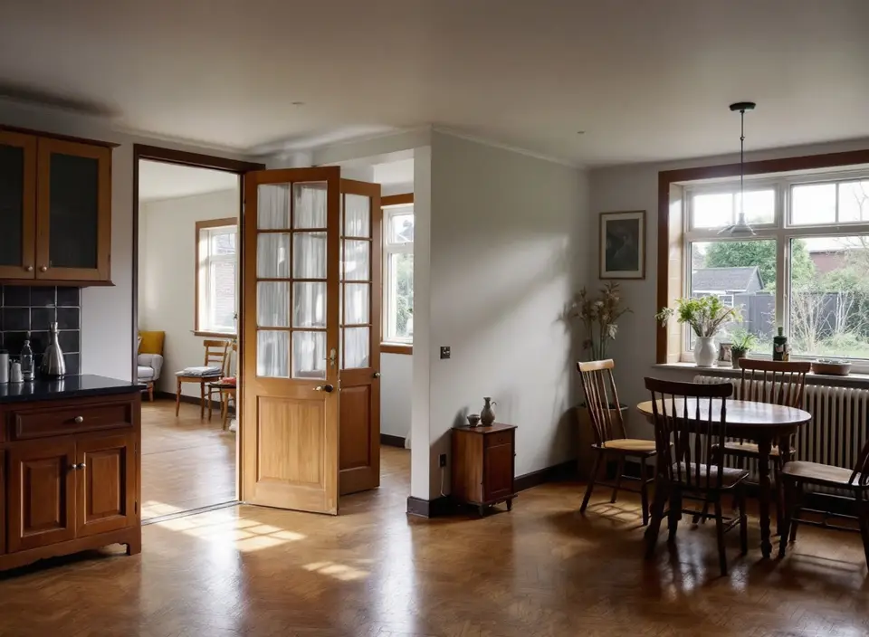 Een eikenhouten visgraatvloer in een woonkamer en suite, met houten tussendeuren met kleine ruitjes en een eettafel bij het raam naar de tuin