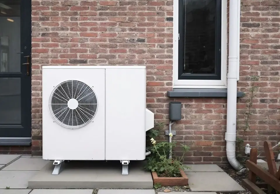 Een witte buitenunit van een warmtepomp op een betonnen tegel tegen de bakstenen achtergevel van een rijtjeshuis, met een regenpijp ernaast